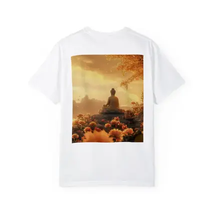 Buddha Meditating Golden Lotus Flowers Landscape