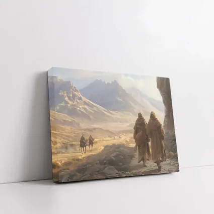 Two Robed Figures Walking Desert Mountain Landscape