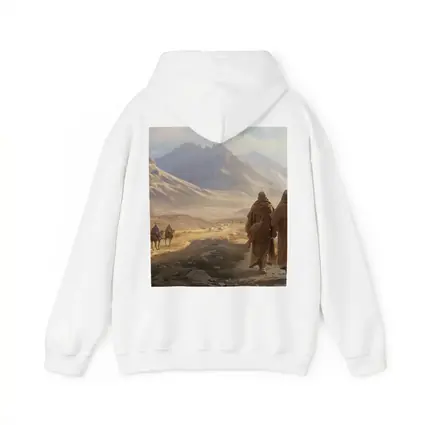 Two Robed Figures Walking Desert Mountain Landscape