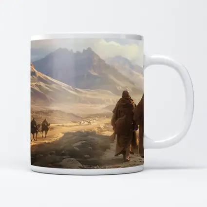 Two Robed Figures Walking Desert Mountain Landscape