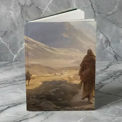 Two Robed Figures Walking Desert Mountain Landscape