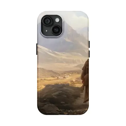 Two Robed Figures Walking Desert Mountain Landscape