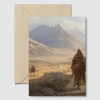 Two Robed Figures Walking Desert Mountain Landscape
