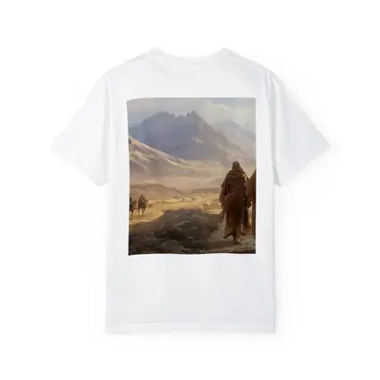 Two Robed Figures Walking Desert Mountain Landscape