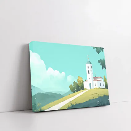 White Church on Hill Illustration Art