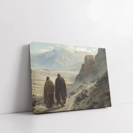 Two Robed Figures Walking Ancient Desert Trail