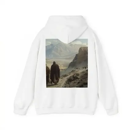 Two Robed Figures Walking Ancient Desert Trail