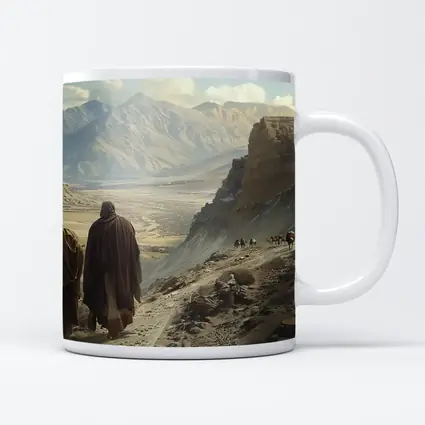 Two Robed Figures Walking Ancient Desert Trail