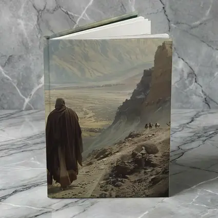 Two Robed Figures Walking Ancient Desert Trail