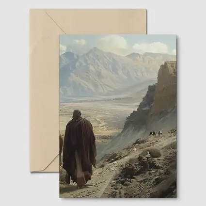 Two Robed Figures Walking Ancient Desert Trail