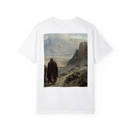Two Robed Figures Walking Ancient Desert Trail