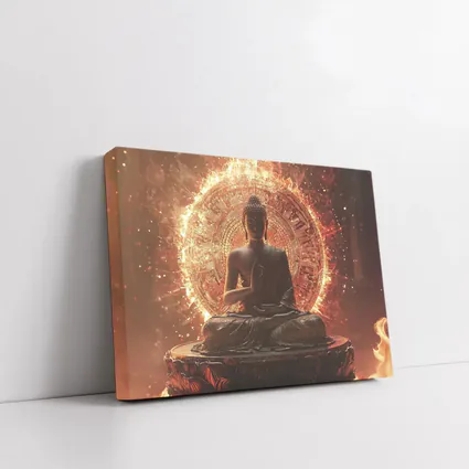 Buddha Statue Glowing Fire Mandala Background