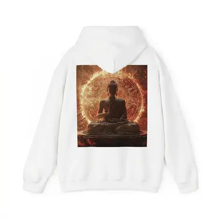 Buddha Statue Glowing Fire Mandala Background