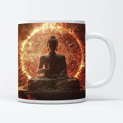 Buddha Statue Glowing Fire Mandala Background