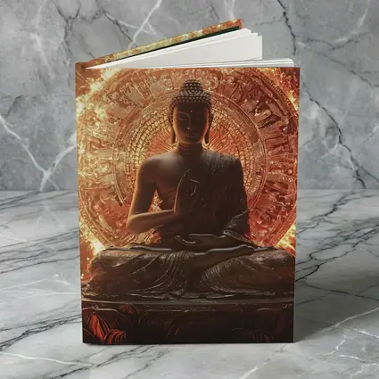 Buddha Statue Glowing Fire Mandala Background
