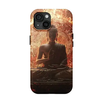 Buddha Statue Glowing Fire Mandala Background