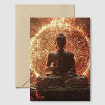 Buddha Statue Glowing Fire Mandala Background