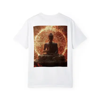 Buddha Statue Glowing Fire Mandala Background