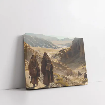 Desert Travelers Walking Through Ancient Rocky Valley