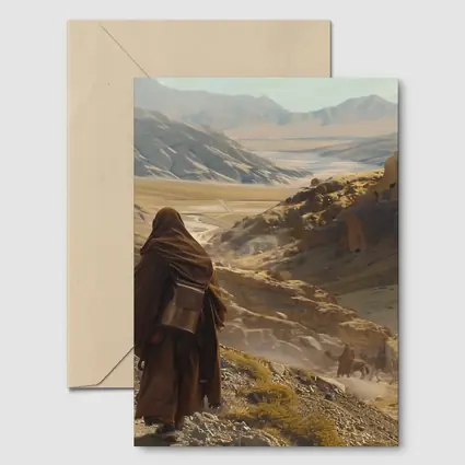 Desert Travelers Walking Through Ancient Rocky Valley