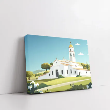 White Church Bell Tower Green Hills Illustration