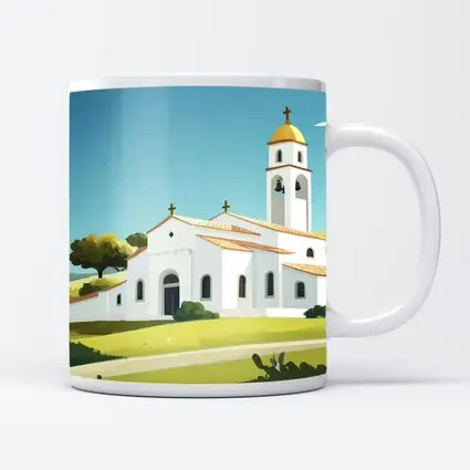 White Church Bell Tower Green Hills Illustration