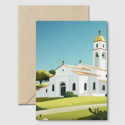 White Church Bell Tower Green Hills Illustration