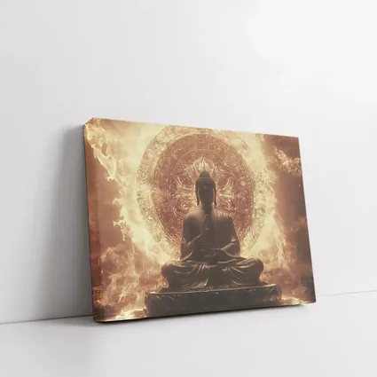 Buddha Statue Golden Mandala Fire Background