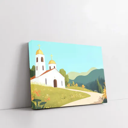 White Church Golden Domes Green Hills Illustration