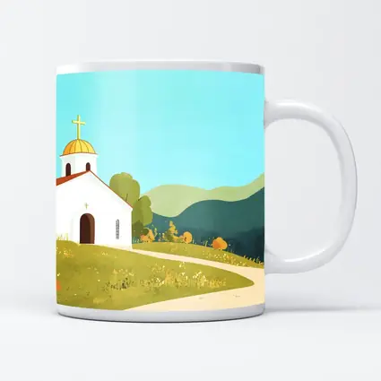 White Church Golden Domes Green Hills Illustration