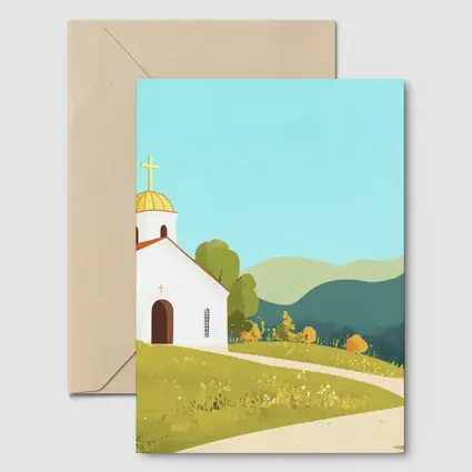 White Church Golden Domes Green Hills Illustration