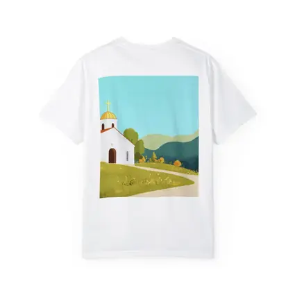 White Church Golden Domes Green Hills Illustration