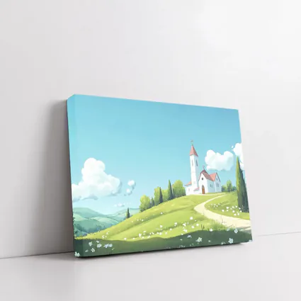 White Church on Green Hill Illustration