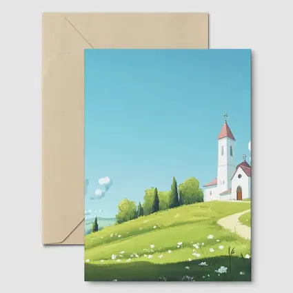 White Church on Green Hill Illustration