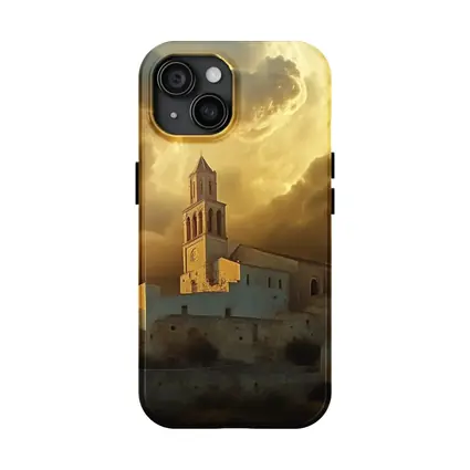 Ancient Church Tower Under Dramatic Golden Sky