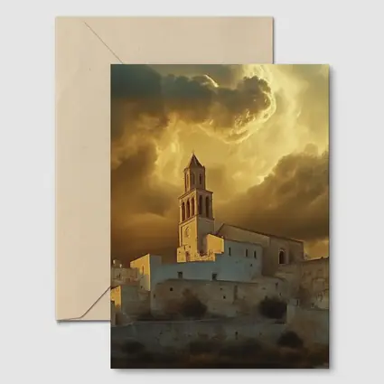 Ancient Church Tower Under Dramatic Golden Sky