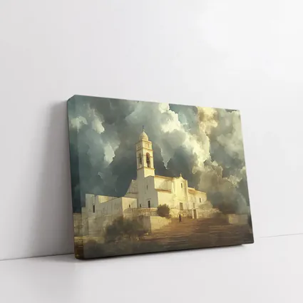 White Mediterranean Church Dramatic Storm Clouds