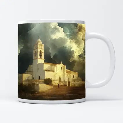 White Mediterranean Church Dramatic Storm Clouds