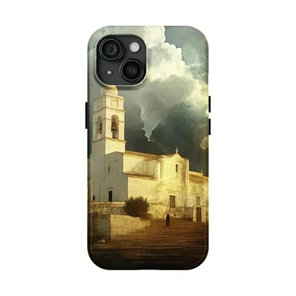 White Mediterranean Church Dramatic Storm Clouds