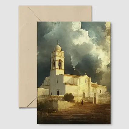 White Mediterranean Church Dramatic Storm Clouds