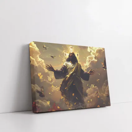 Jesus Christ Rising Above Clouds With Birds