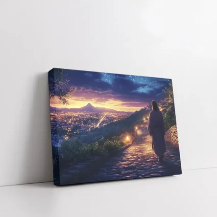 Jesus Walking Cobblestone Path Over Glowing City