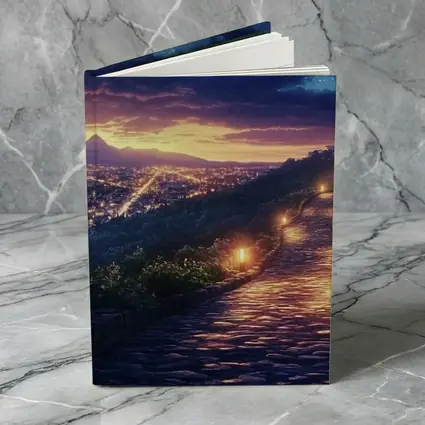 Jesus Walking Cobblestone Path Over Glowing City