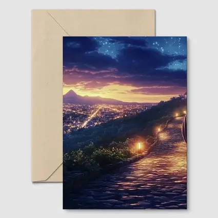 Jesus Walking Cobblestone Path Over Glowing City