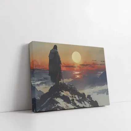 Warrior Figure Watching Sunset Over Mountains