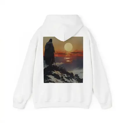 Warrior Figure Watching Sunset Over Mountains