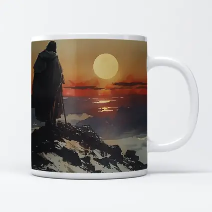 Warrior Figure Watching Sunset Over Mountains