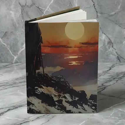 Warrior Figure Watching Sunset Over Mountains