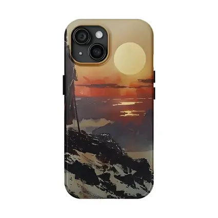 Warrior Figure Watching Sunset Over Mountains