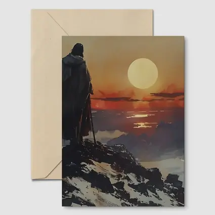 Warrior Figure Watching Sunset Over Mountains